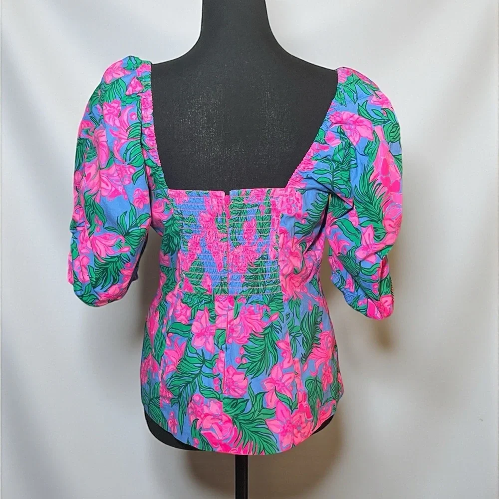 Lilly Pulitzer Pink & Green Floral Puff-Sleeve Square-Neck Blouse